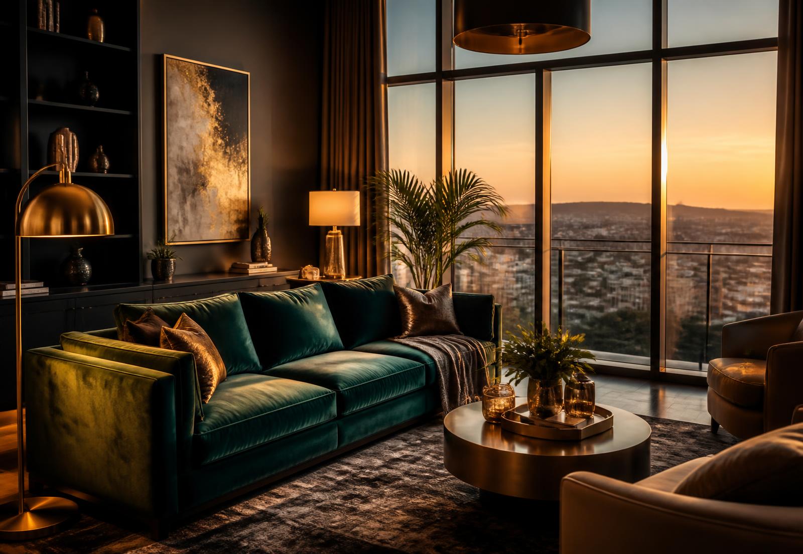 Luxury Denver short-term rental living room at golden hour