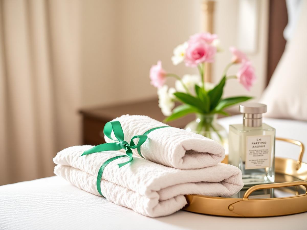 Folded towels and amenity tray prepared for a guest arrival