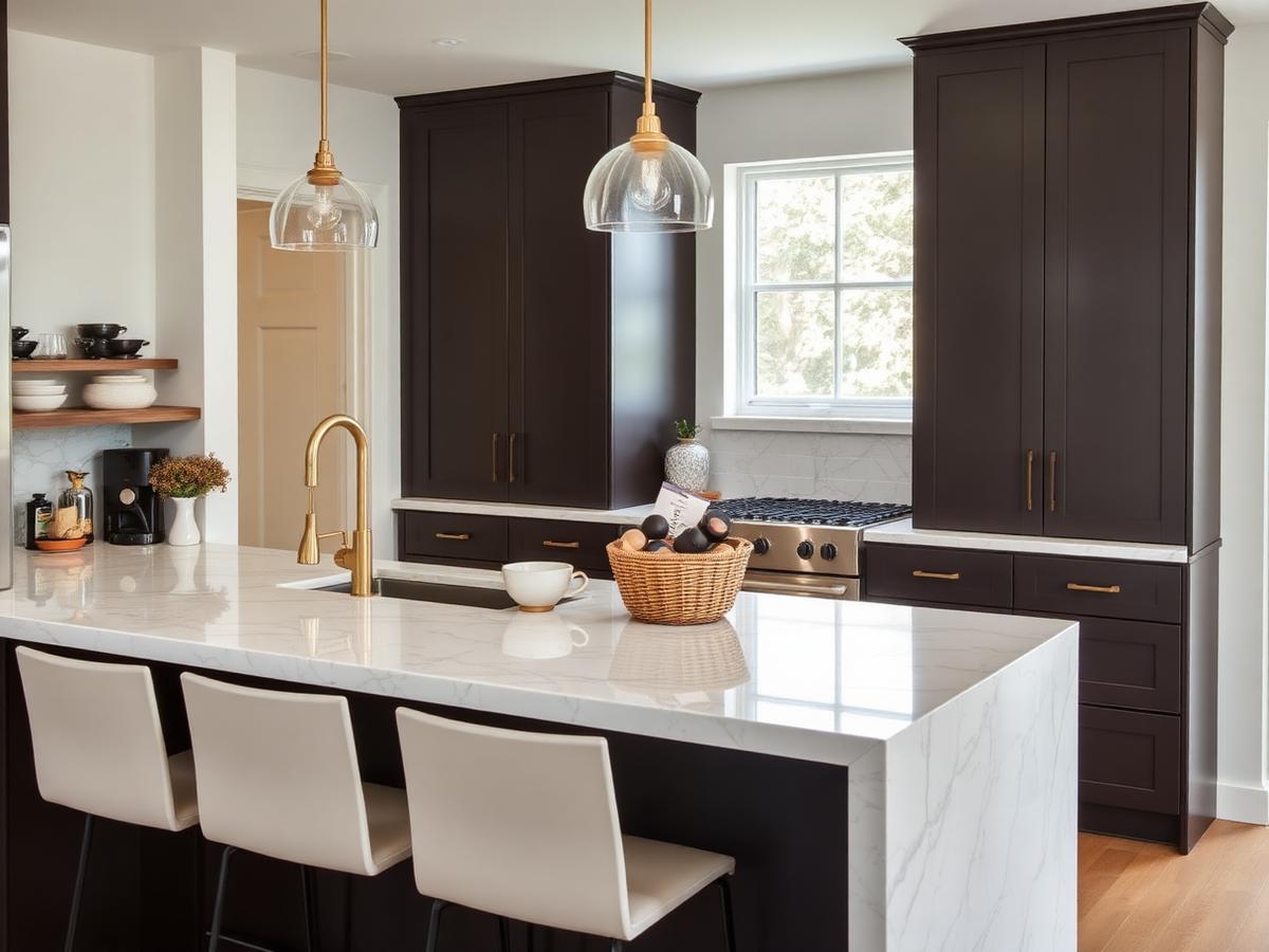 Marble island kitchen prepared for guest arrival